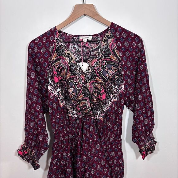 Umgee Wine Multiprint Surplice Long Sleeve Tiered Short Dress NEW Size Small - Picture 9 of 14